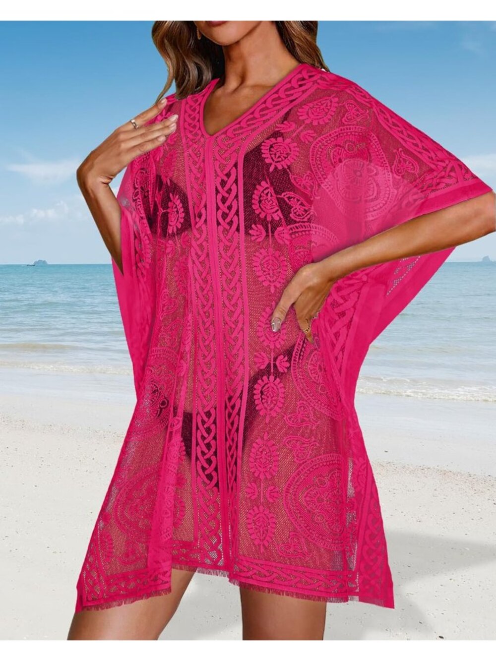 〽️Women's Pink V Neck Beach Loose Bikini Lace Bathing Suit Polyester Cover Up